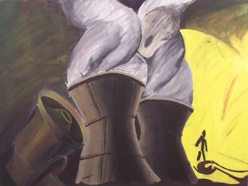 painting of nuclear power plant, siren, and person