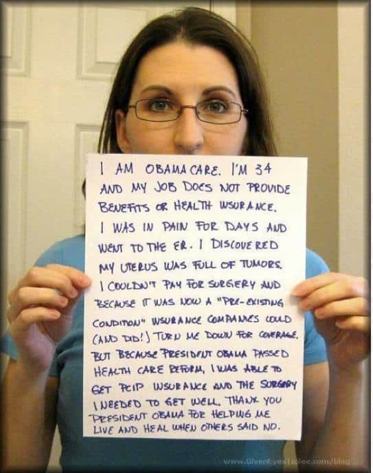 Woman holding a sign talking about her healthcare needs and how Obamacare helped her.