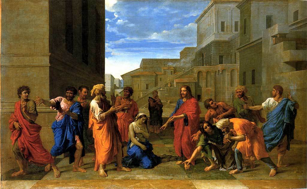 A painting in rich colors of Jesus and the woman caught in adultery.