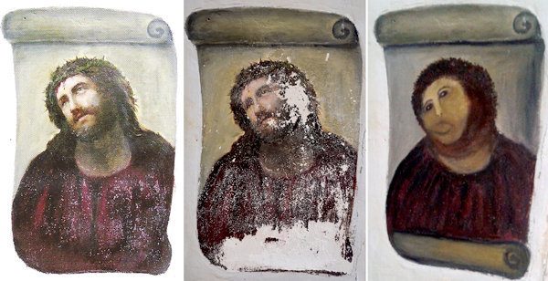 A before and after picture of a poorly restored painting of Jesus.
