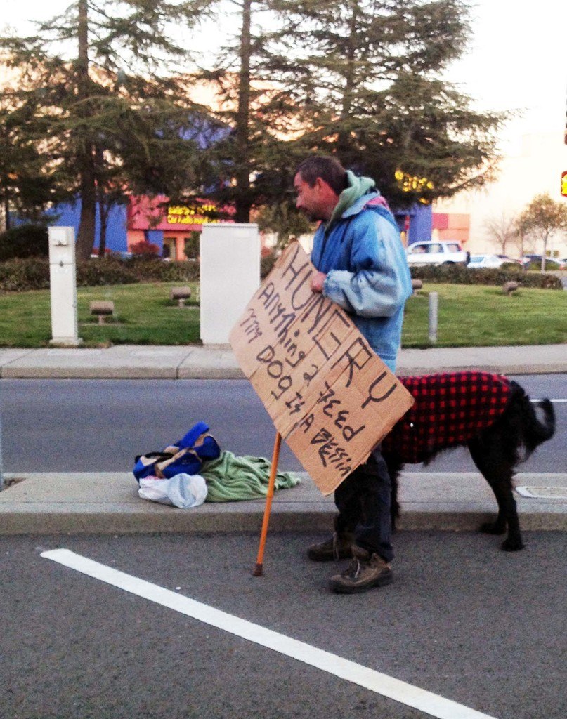 Homeless man with a dog and holding a sign asking for food