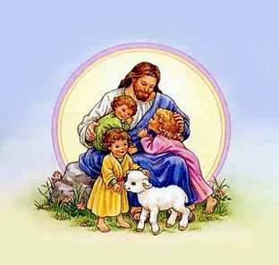 Sunday School image of Jesus with three young children and a lamb
