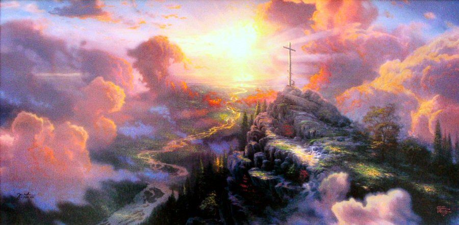 Thomas Kinkade, The Cross, April 2010. The cross is on top of a hill overlooking a river valley at sunset