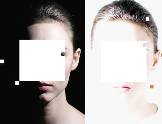 Two images of an attractive woman. One with a black background and the other overexposed with a white background. In both cases there is a white square superimposed over her face.