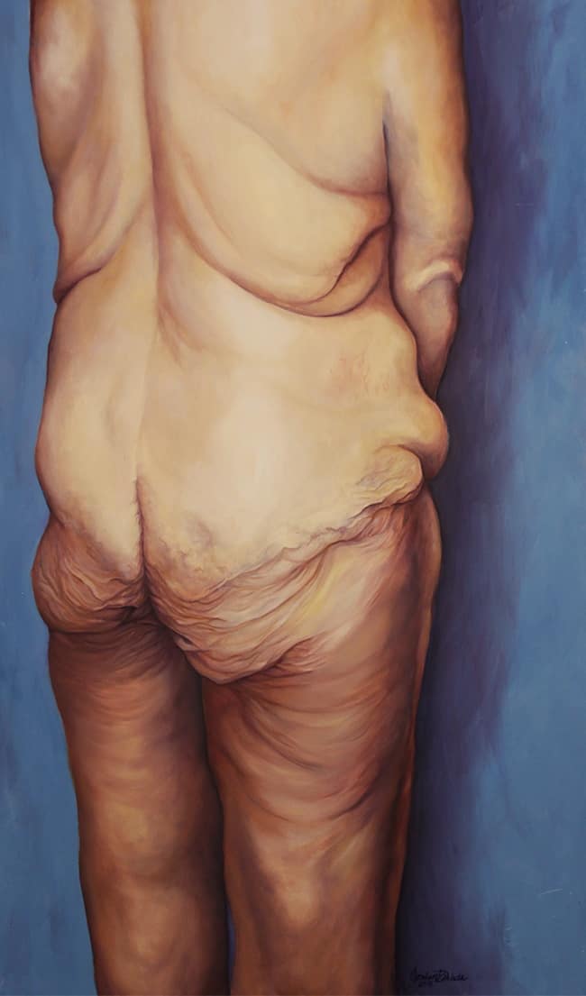 Human Drapery 3 by Jordan Wade. Painting or person with saggy skin on blue ground.