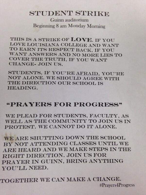 flier about a student strike at Louisiana College