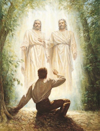 Painting of Joseph Smith's first vision with Smith on the ground and two identical figures of Jesus and the Father.