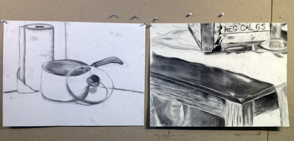 A drawing from the beginning of a semester compared to a drawing of the same still life by the same student from half way through the semester.