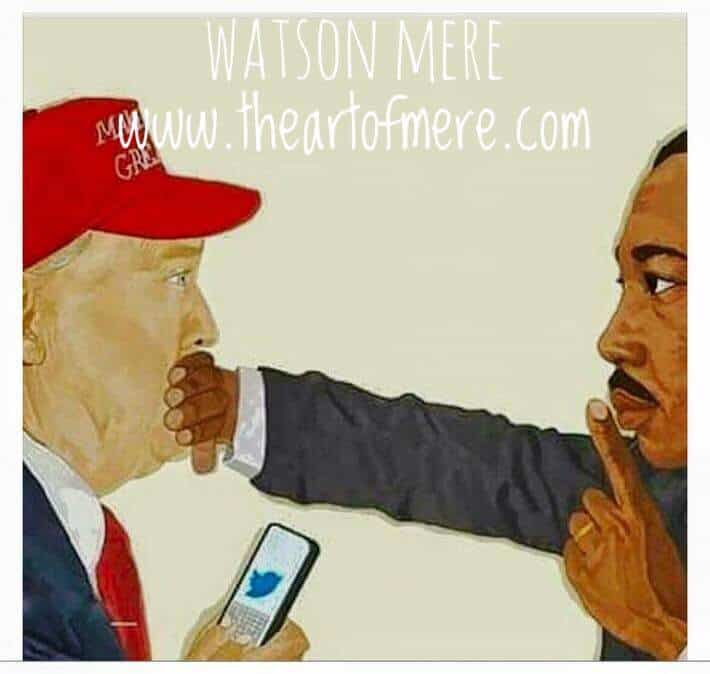 Painting of MLK Jr. putting his hand over Donald Trump's mouth and using his finger to shush Trump.