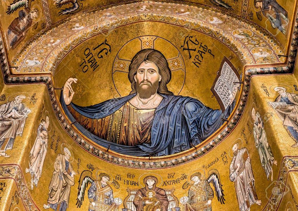 A mosaic of Christ in a blue robe with his arms outstretched