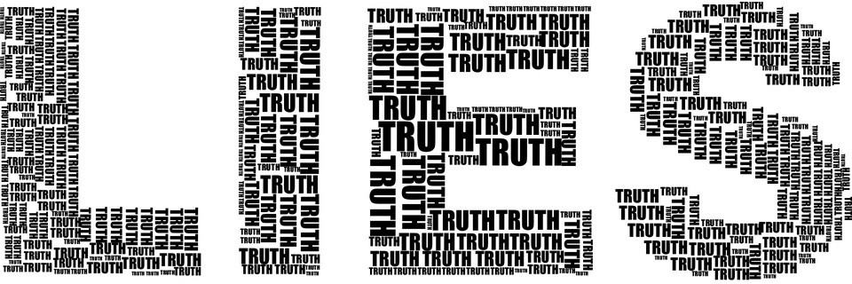 The word "lies" is shown in bold block letters made up of many smaller instances of the word "truth'.