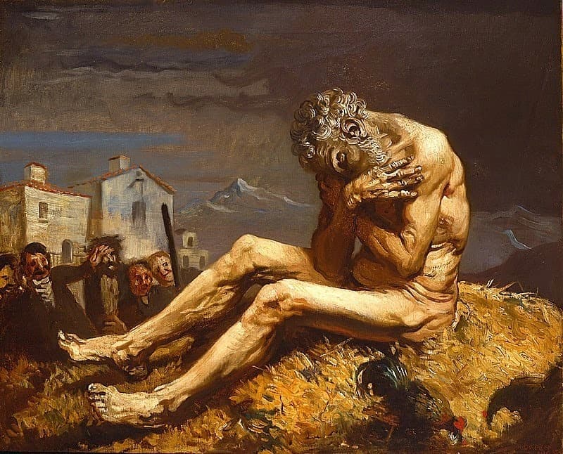 A painting of the naked biblical Job in a self comforting position with arms around himself.