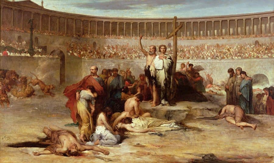 A painting shows Christian martyrs all together in a group with the backdrop of a Roman coliseum.