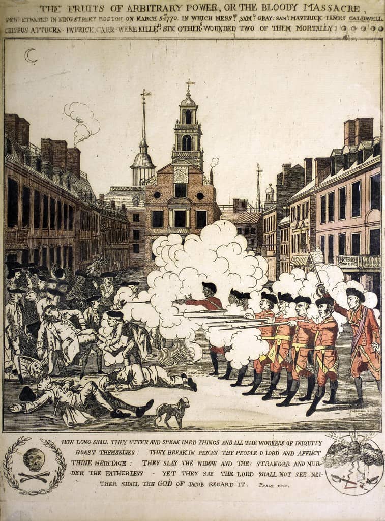 Pelham's engraving of the Boston Massacre showing soldiers firing into a crowd.