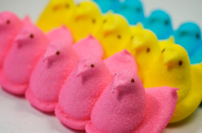 Three rows of Peeps marshmallow treats are shown in pink, yellow, and blue.
