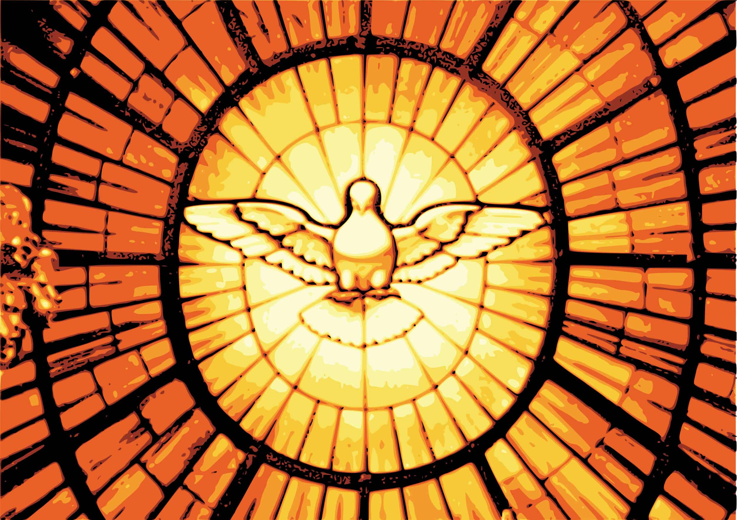 A dove is seen in a stained glass looking piece that is amber in color and representing the Holy Ghost.