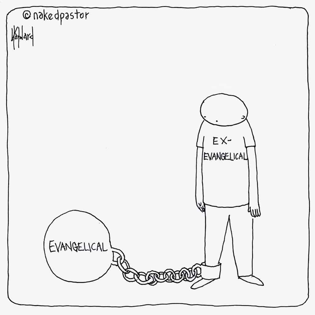 A simple line cartoon shows an ex-vangelical person chained at the ankle to a huge ball labeled evangelical.