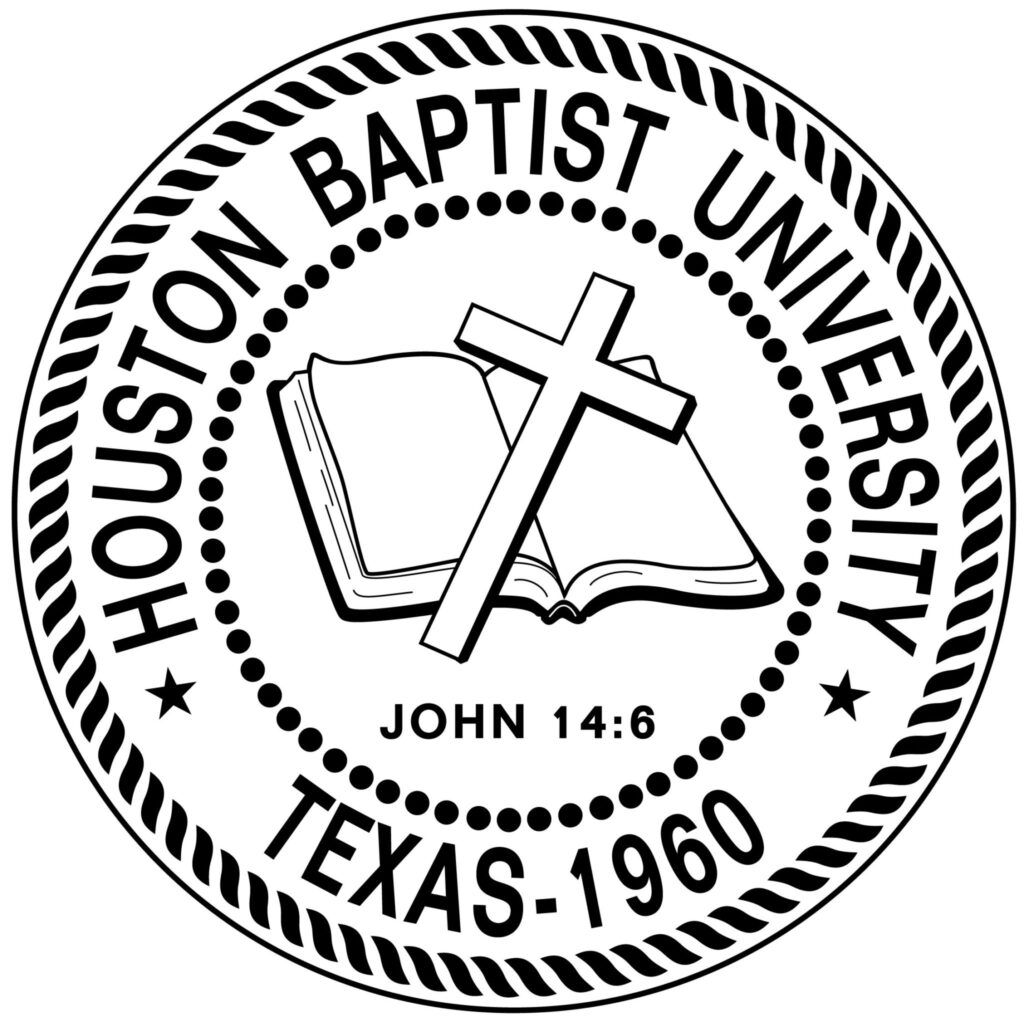 Houston Baptist University crest with rope design encircling an open bible with a cross laying on a bible