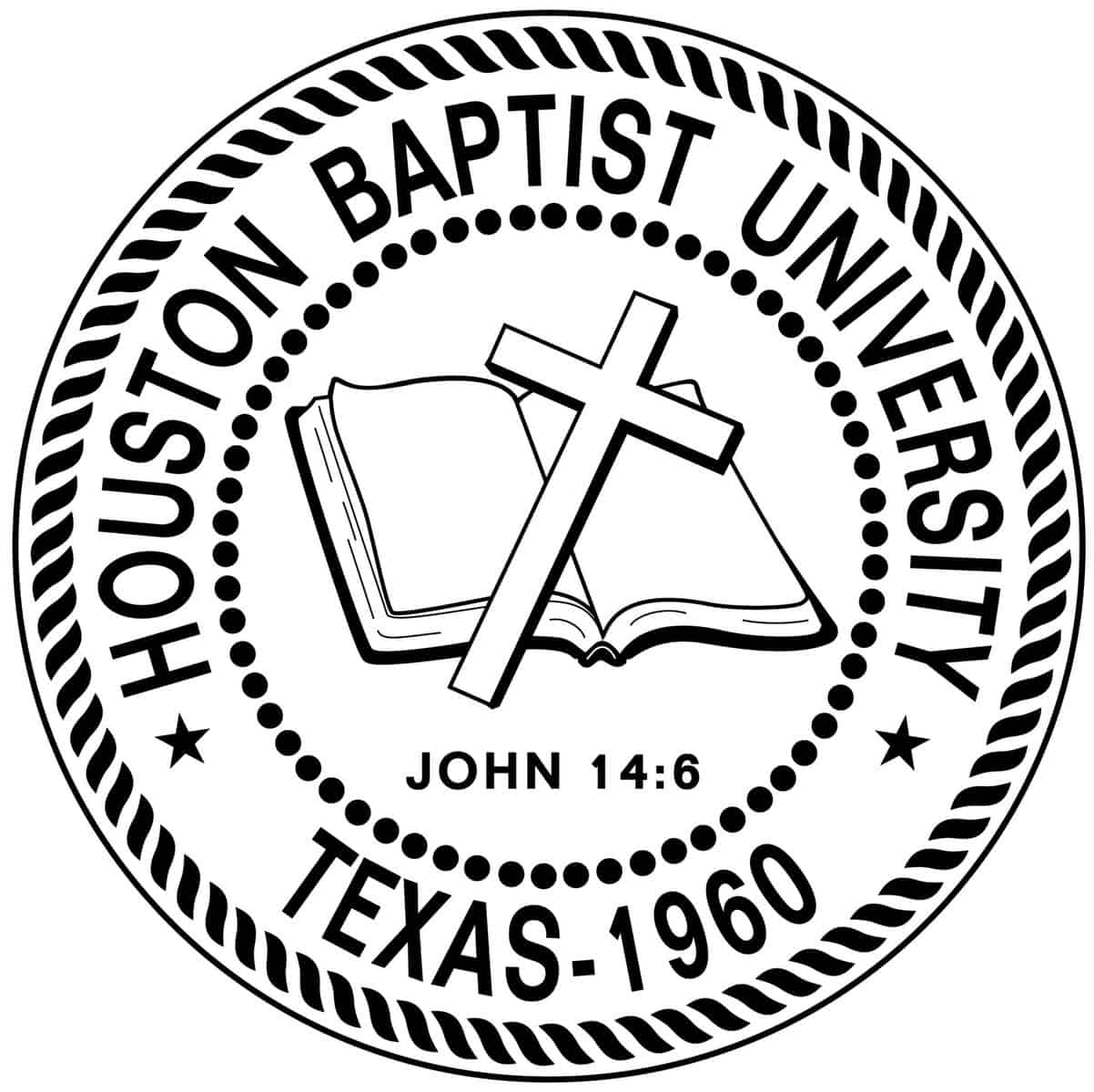 Houston Baptist University crest with rope design encircling an open bible with a cross laying on a bible