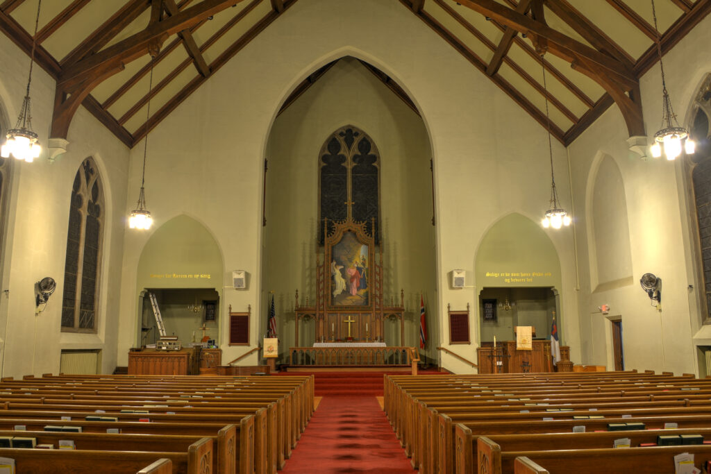 The sanctuary of the Norwegian Lutheran Memorial Church (Mindekirken), Minneapolis, the only Norwegian-language church remaining in Minnesota.