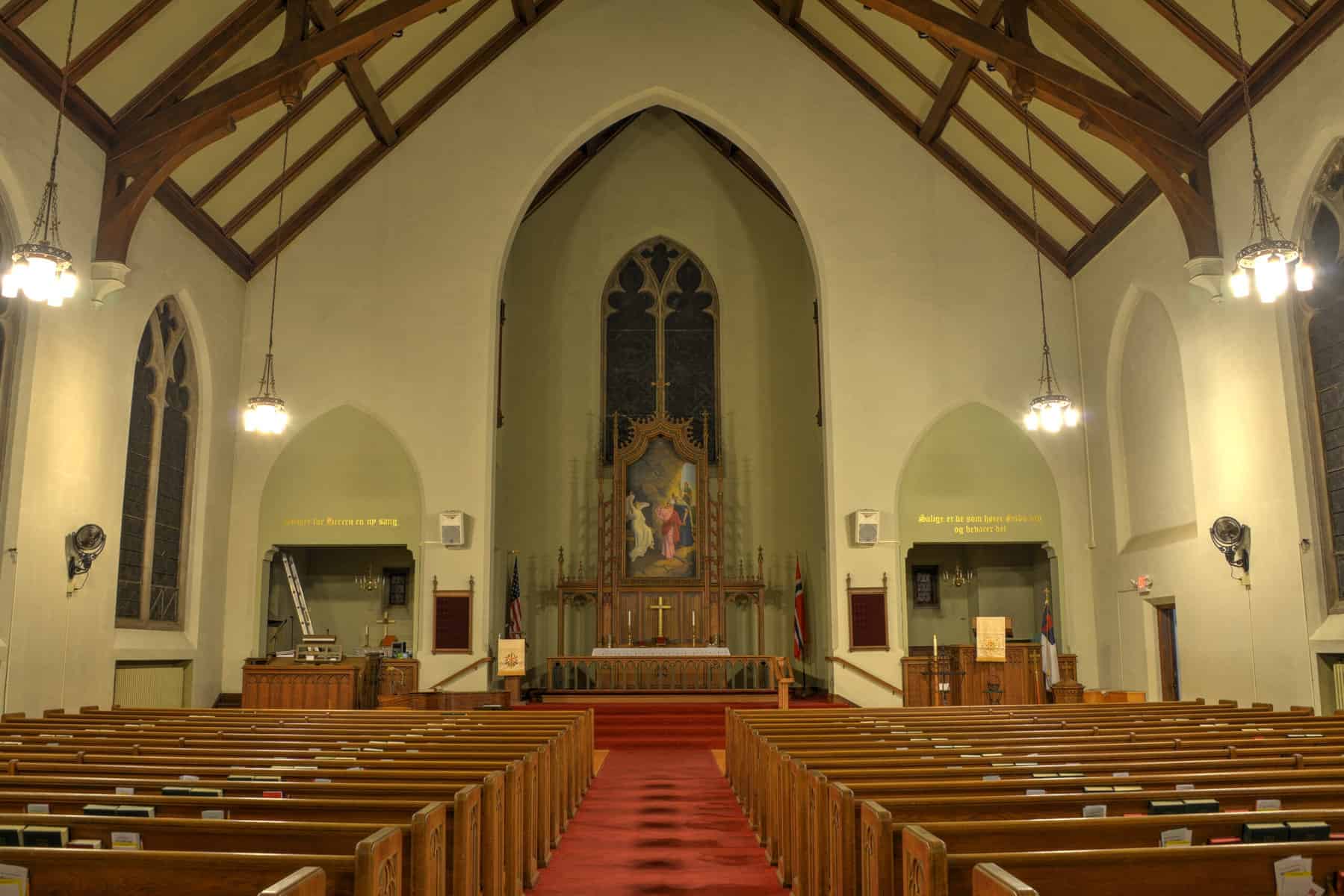The sanctuary of the Norwegian Lutheran Memorial Church (Mindekirken), Minneapolis, the only Norwegian-language church remaining in Minnesota.