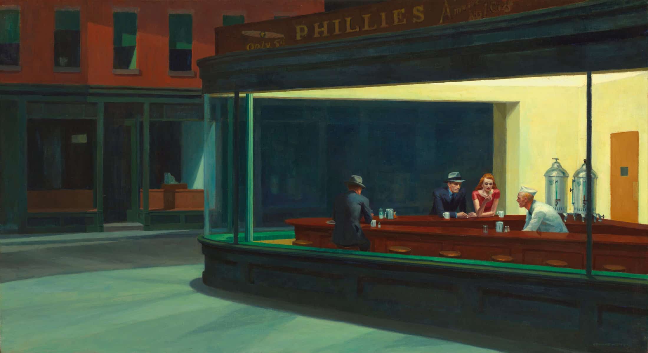 Edward Hopper art work which depicts the scene into a diner window at night