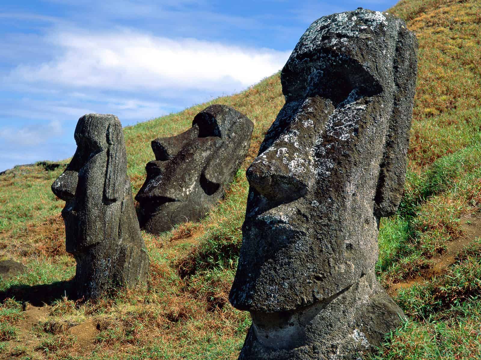 Easter Island Moai monuments are shown on a grassy slope with a blue sky with a soft white cloud above