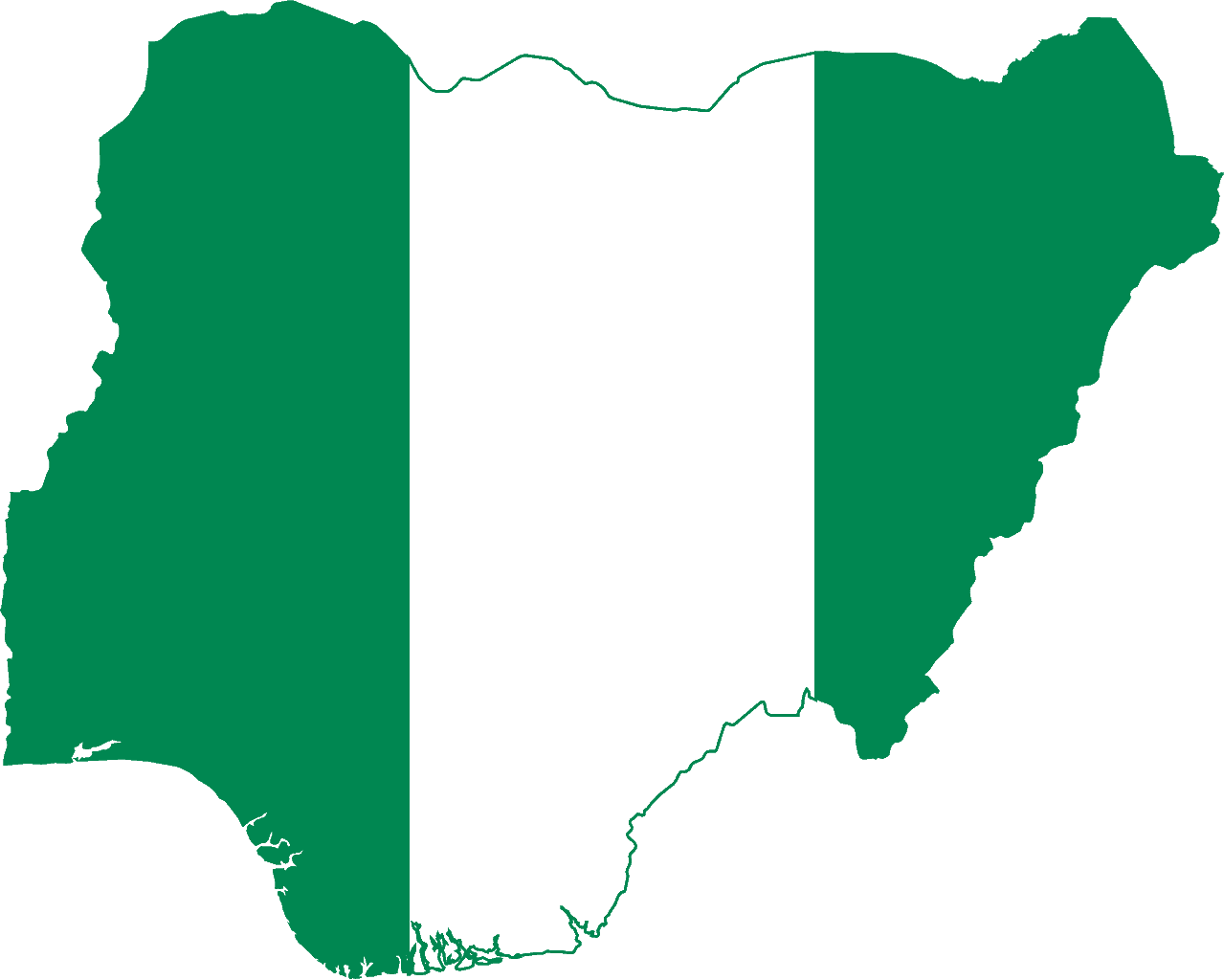 the green and white flag of Nigeria overlaying the country's shape