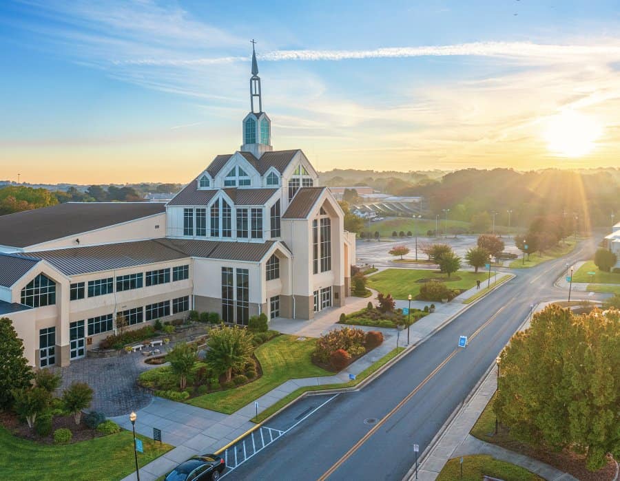 View of North Cleveland Church of God as seen from above at sunrise