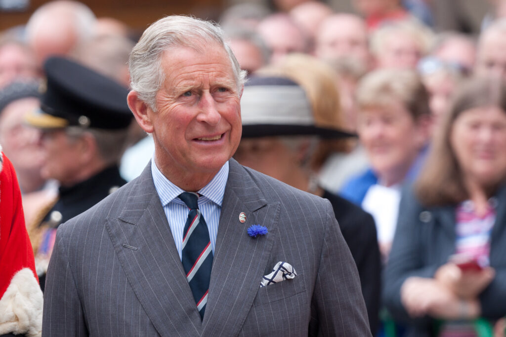 King Charles is shown in a crowd wearing a gray suit with a blue flower in his lapel.