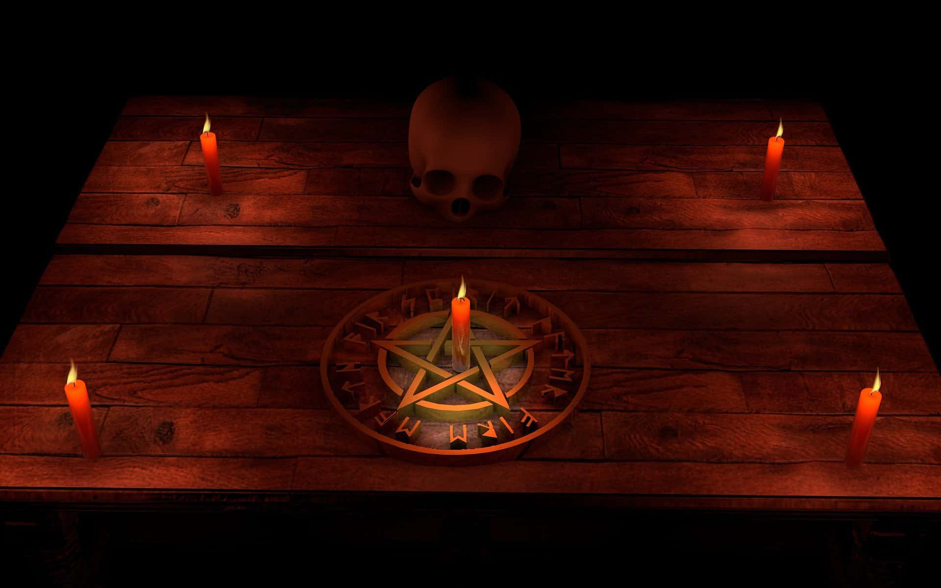 A pentagram is shown with a red candle in it's center, surrounded by other red candles and the whole image has a red cast.