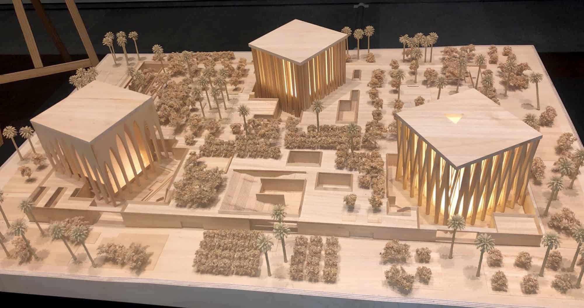 A physical table top model shows to the Abrahamic Family House complex.