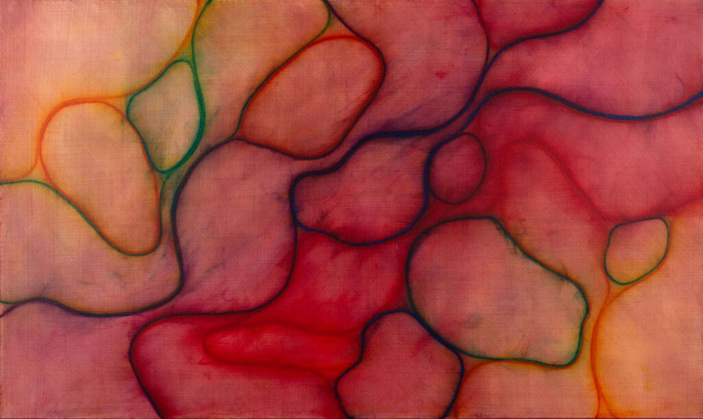 Image shows a pastel and acrylic abstract painting in colors of red, blue and green.