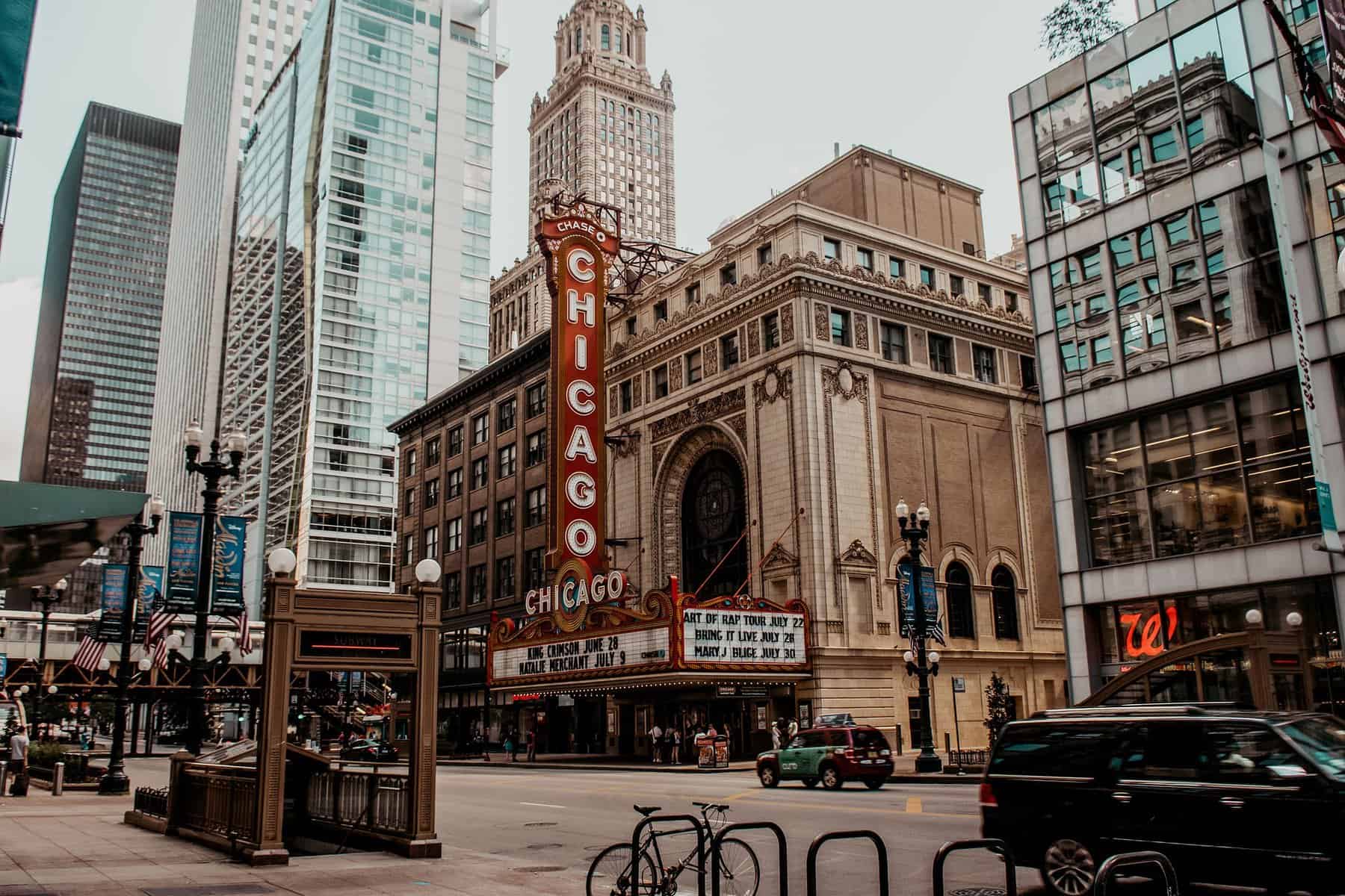 The front of a Chicago theatre is shown from street level.