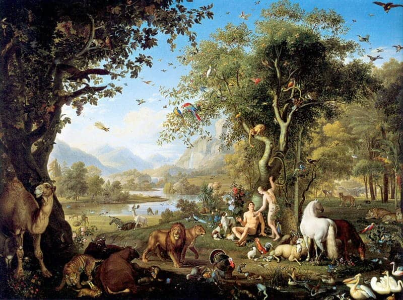 Image is a painting of Adam and Eve in the Garden of Eden.