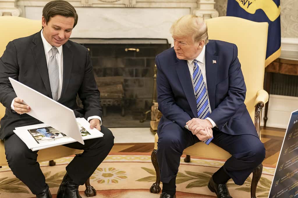 DeSantis and Trump are shown seated and smiling.
