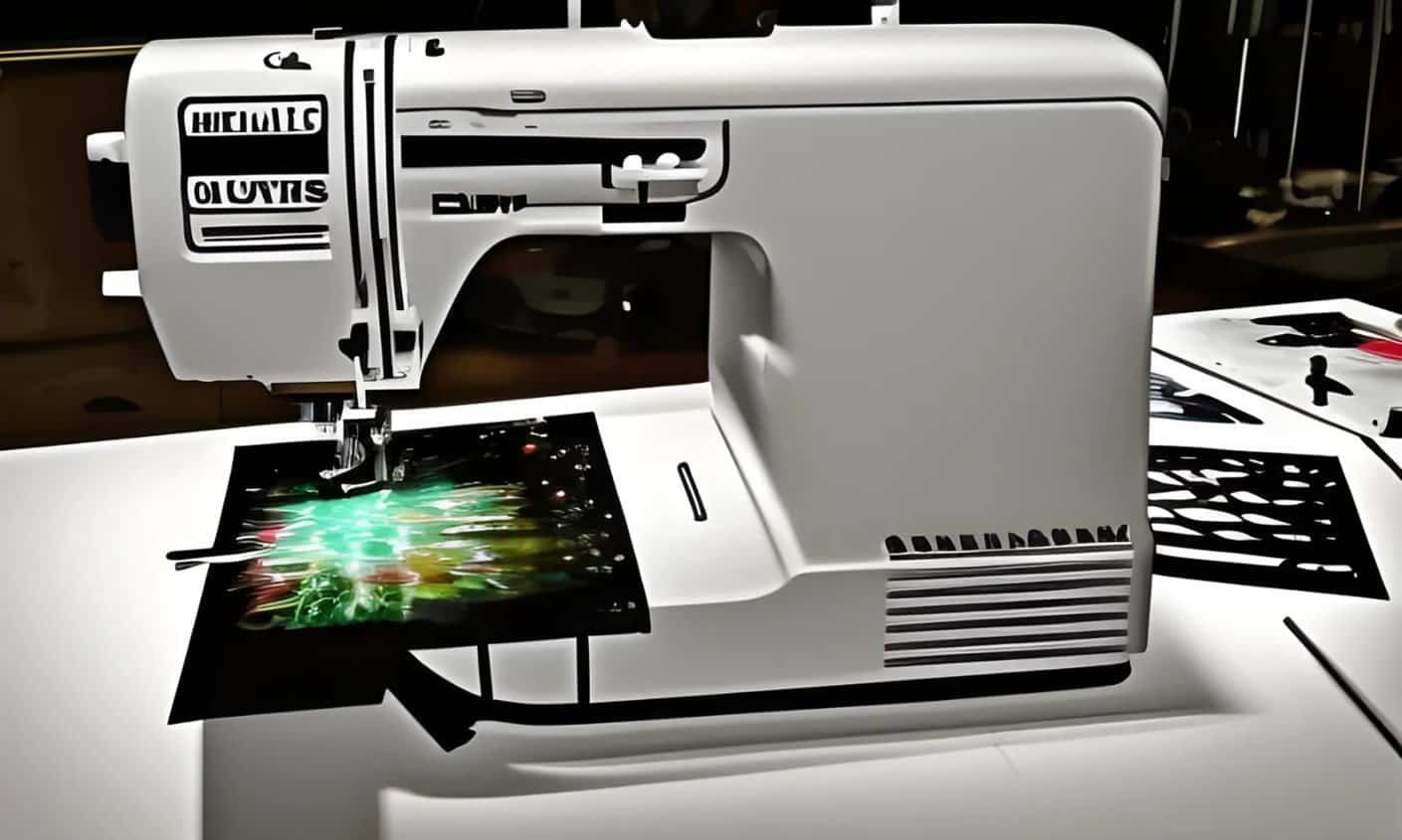 An AI created image of a sewing machine 'sewing' a piece of abstract art.