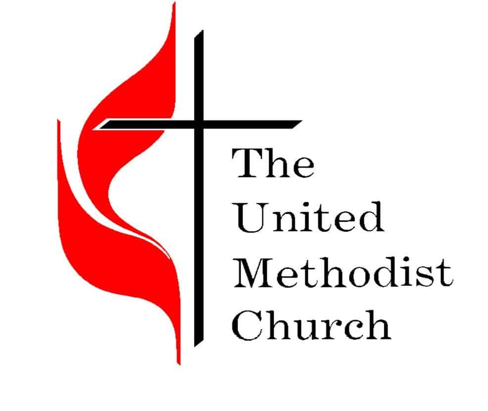 The cross and flame logo of the United Methodist Church is shown .