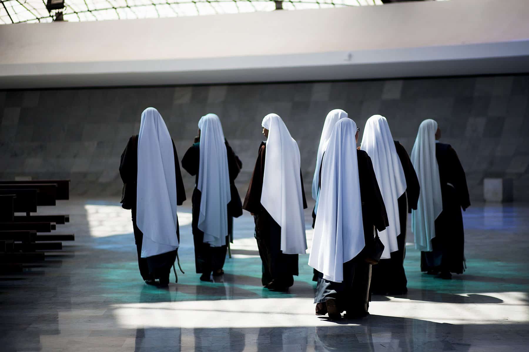 A group of nuns are shown from behind walking away.