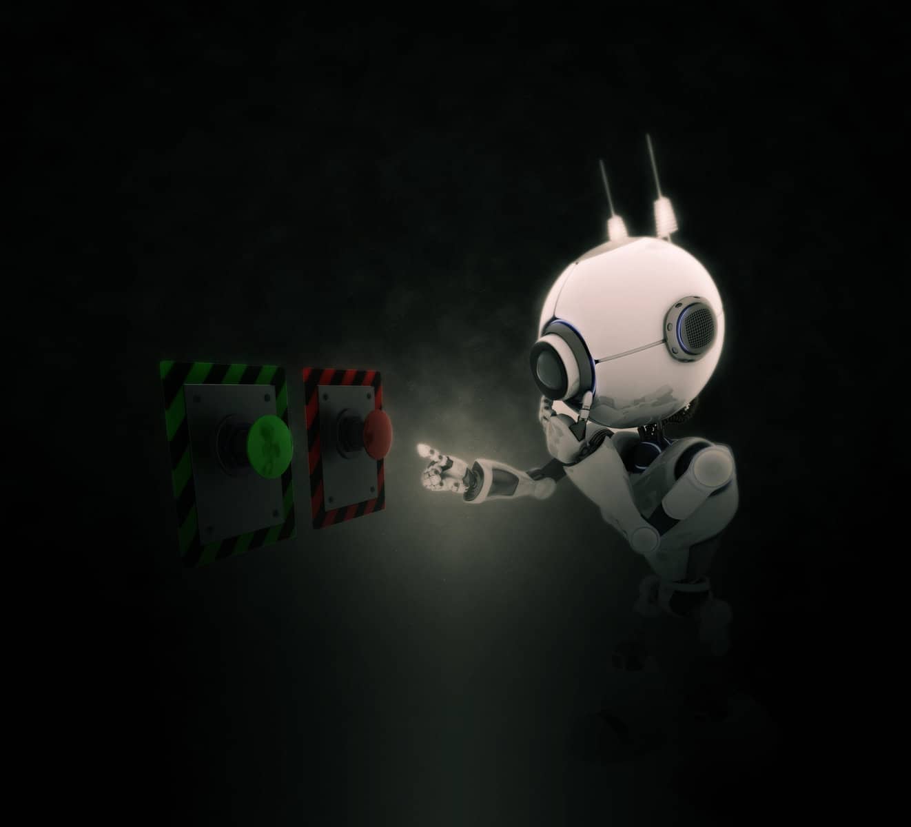 The torso of a white colored Robot is seen choosing which button to push, red or green on a dark background that obscures much of the scene.