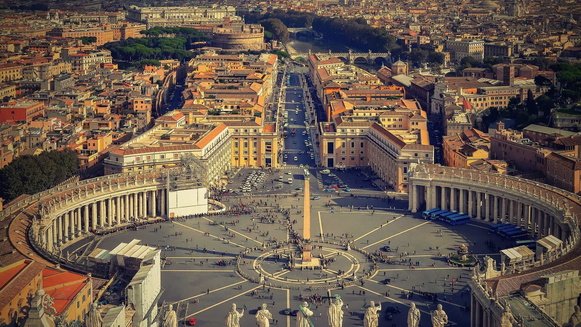 A view of Rome is seen from high above.