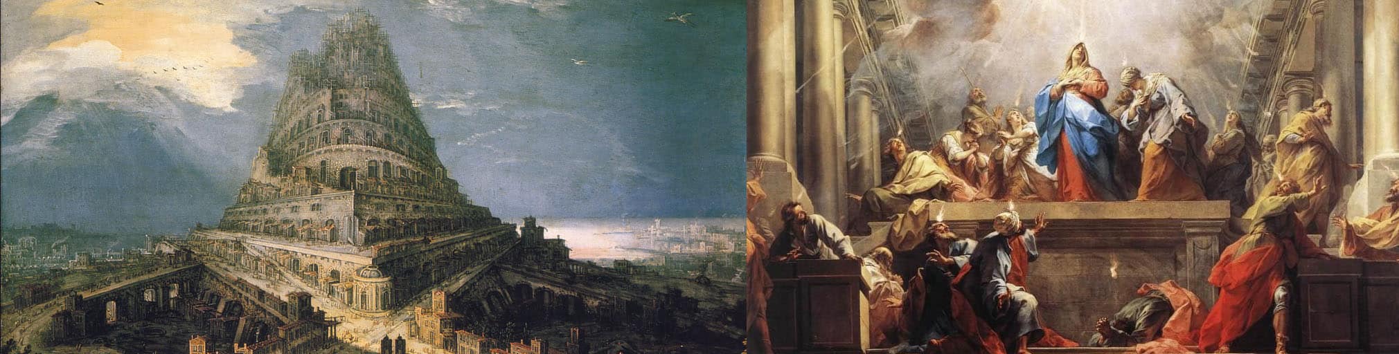 Two colorful paintings are shown, one depicting the Tower of Babel, the other Pentecost.