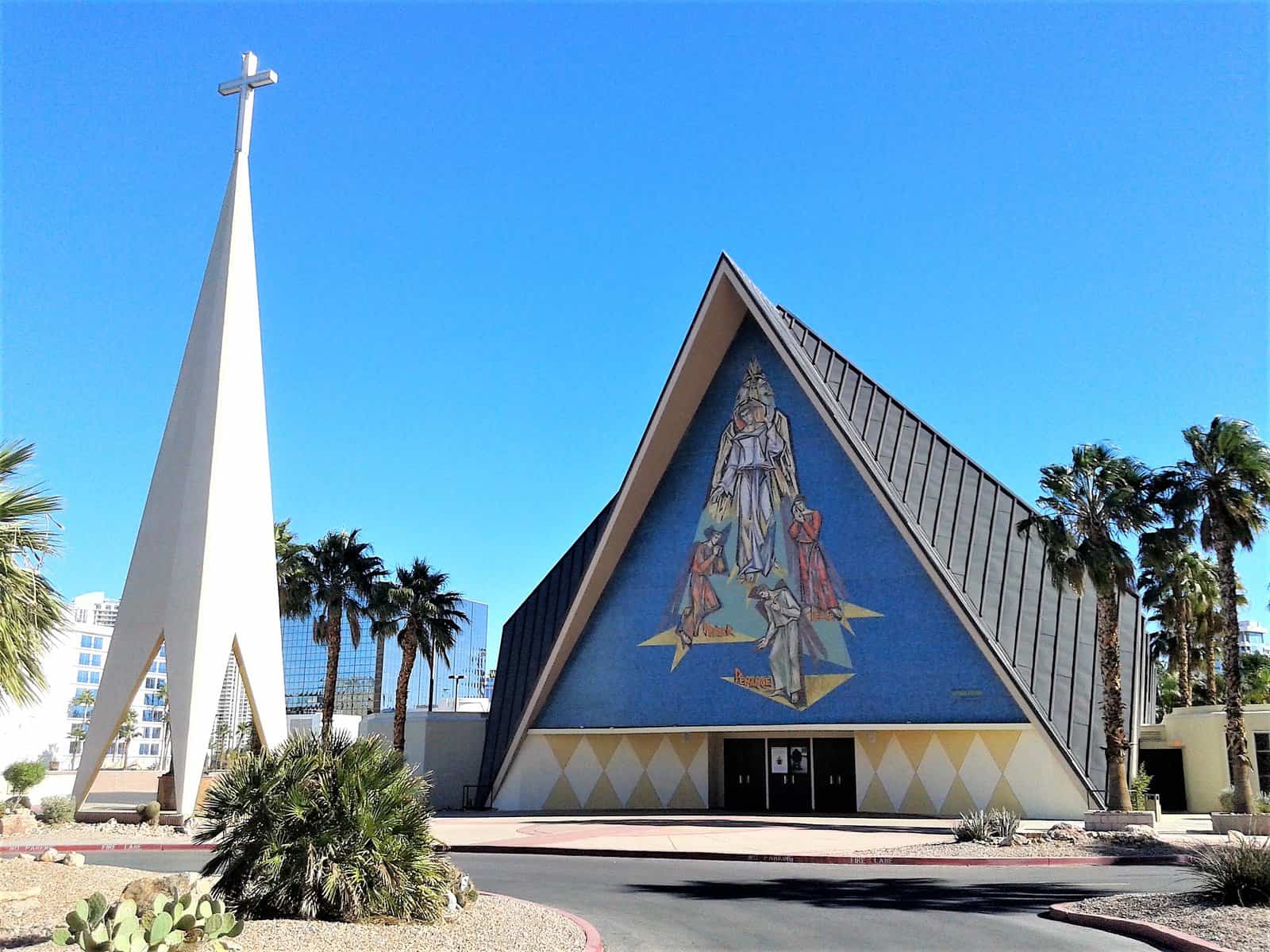 Las Vegas' triangular shaped Guardian Angel Cathedral is seen from the street outside.
