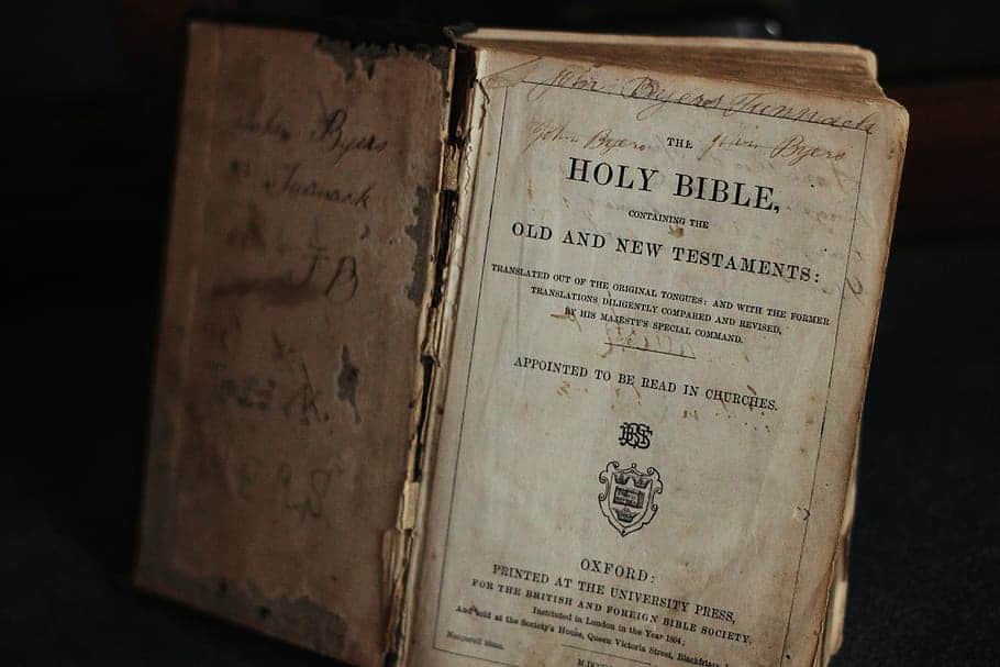 The flyleaf of a very old, tattered bible is shown.