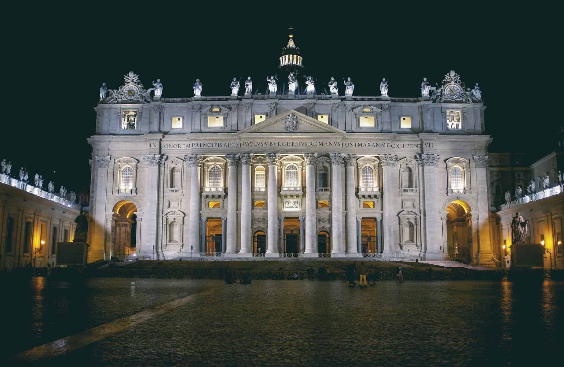 The Vatican is shown at night.