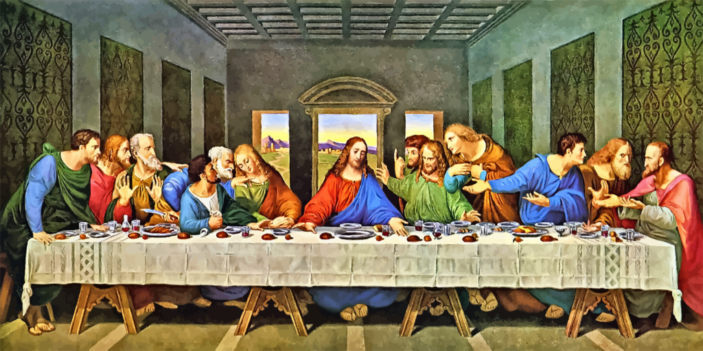 Image is a colorful painting of the Last Supper.