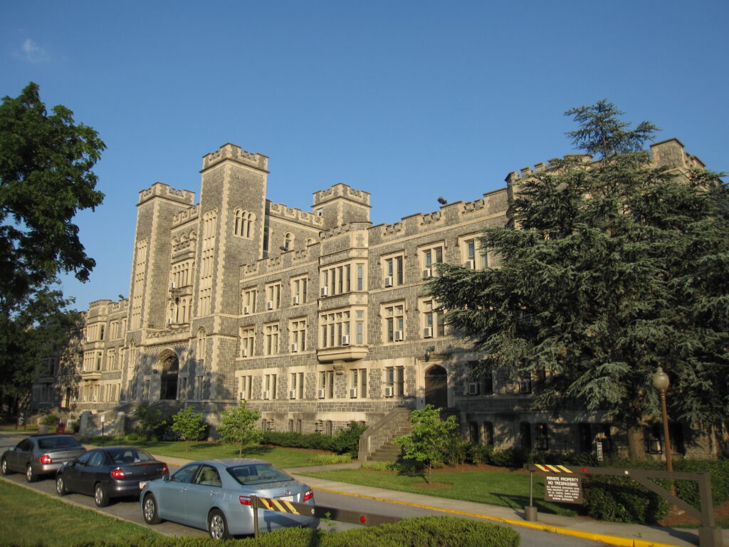 Washington D.C.'s Catholic University is shown from street level.