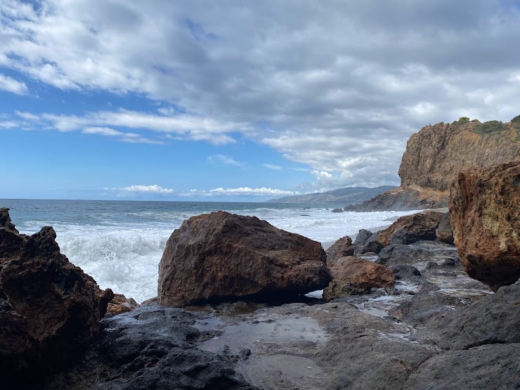 Pirate's Cove Beach in Malibu with rock formations is seen as one looks out to the ocean.