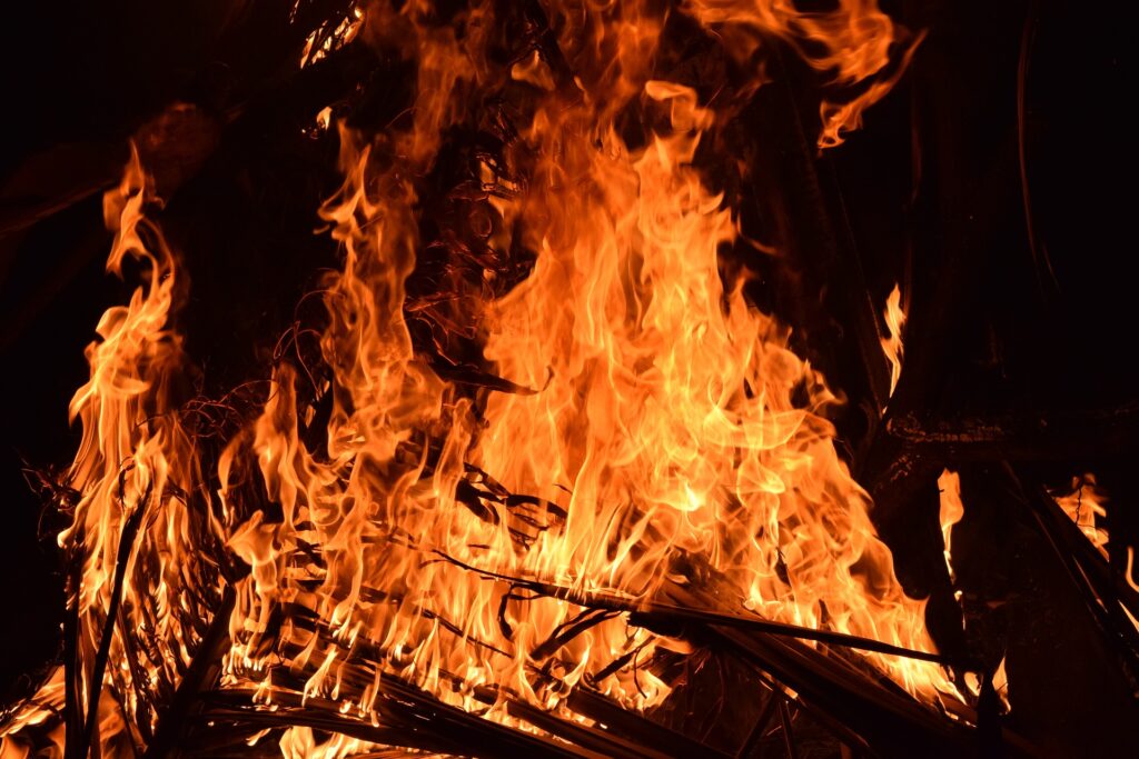 A fire with orange flames is shown close up.