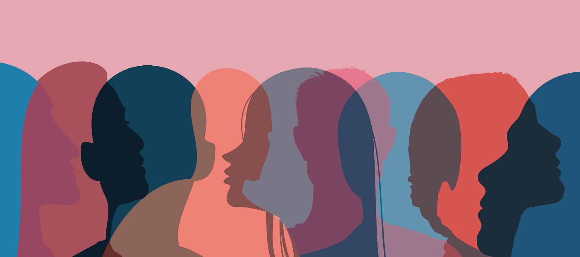 A multicolored graphic shows the outlines of many people's heads.
